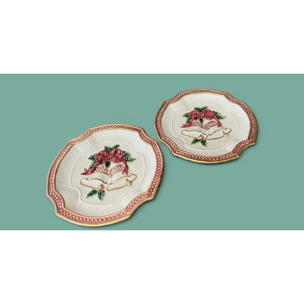 2 Fitz & Floyd Holiday Bells Christmas 2003 Canape Candy Cookie‎ Serving Plates